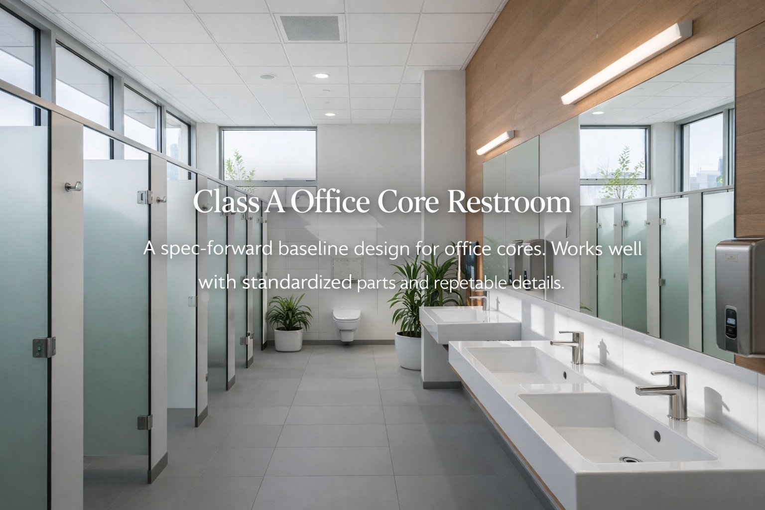 Class A office core restroom concept using touchless fixtures